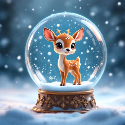The primary subject of the image is a deer figurine, which is placed on top of a snow globe. The setting is a winter scene, with the deer figurine being the main focus. The visual style is a digital art, with the deer figurine being a part of a larger illustration. The colors and mood of the image are predominantly white and cold, with the snow globe and the deer figurine being the main elements that create the winter atmosphere.